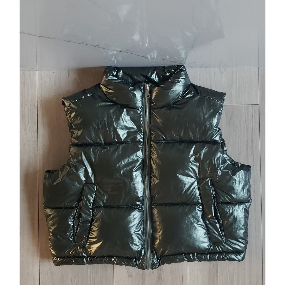 New Look Puffer Vest Girls 14-15 Green Shiny Metallic Gilet Outerwear